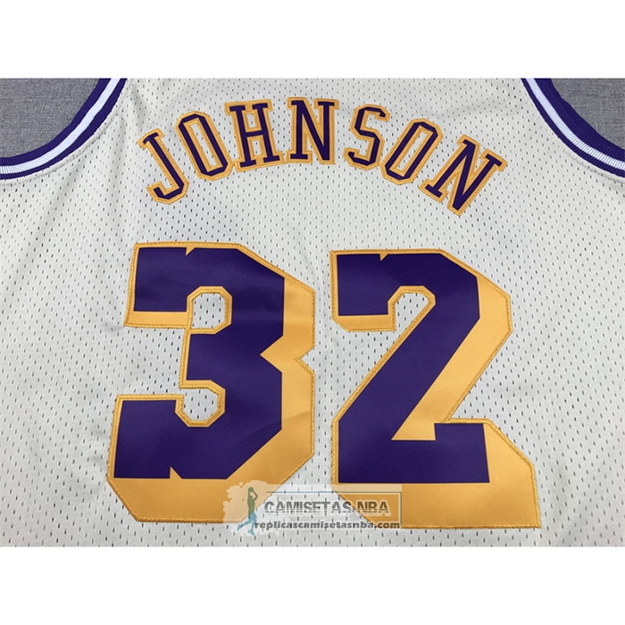 Camiseta Los Angeles Lakers Magic Johnson NO 32 Mitchell & Ness Chainstitch Crema